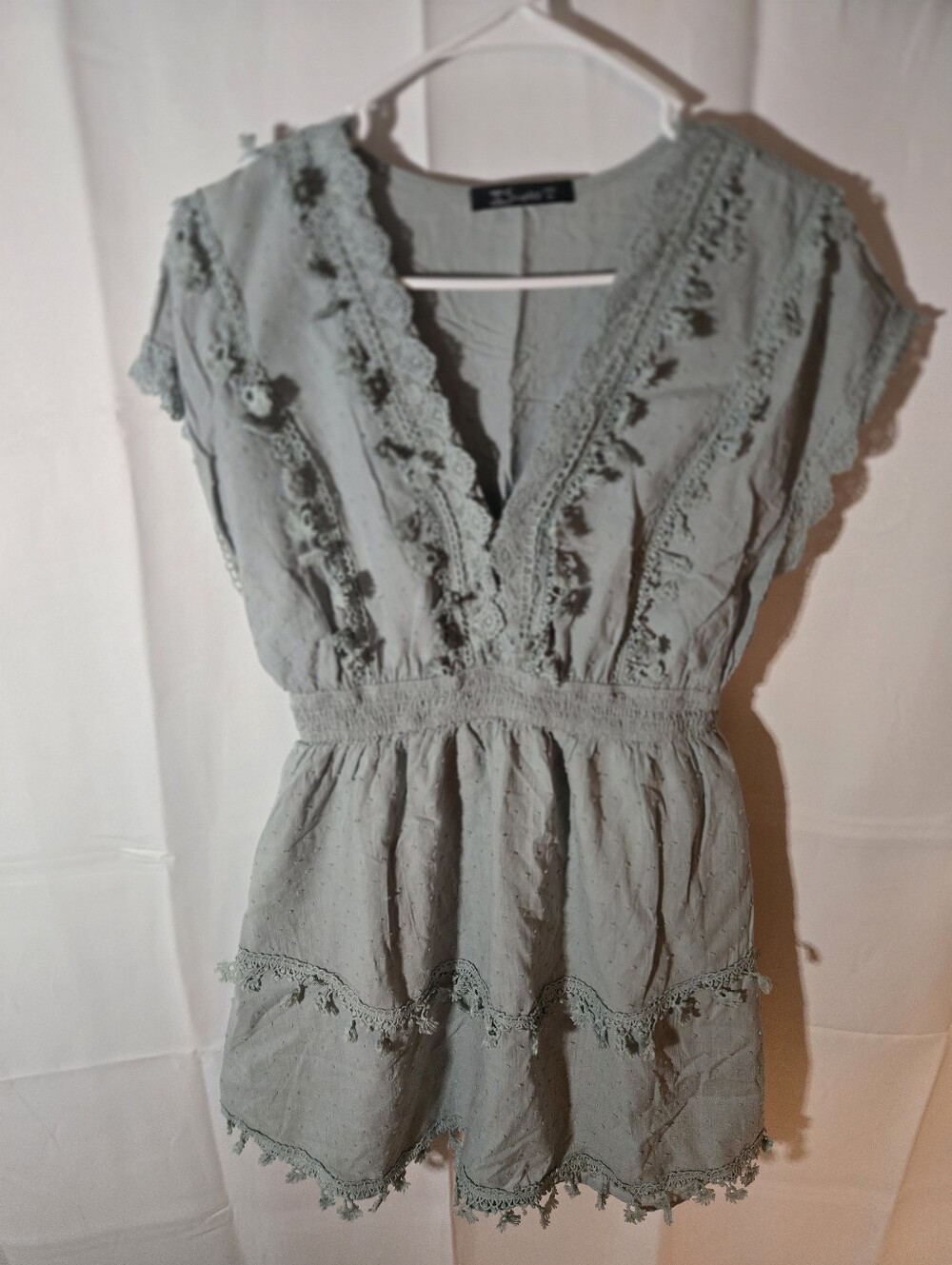 Simplee Light Sage Crochet-Trim V-Neck Women’s Dress